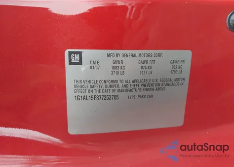 2007 Chevrolet Cobalt Lt z USA, uszkodzony, nr VIN 1G1AL15F877253785